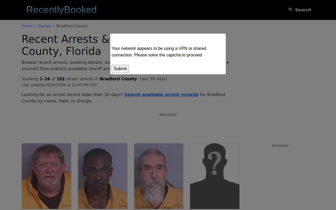 Unofficial Bradford County mugshot and booking card section on Recently Booked