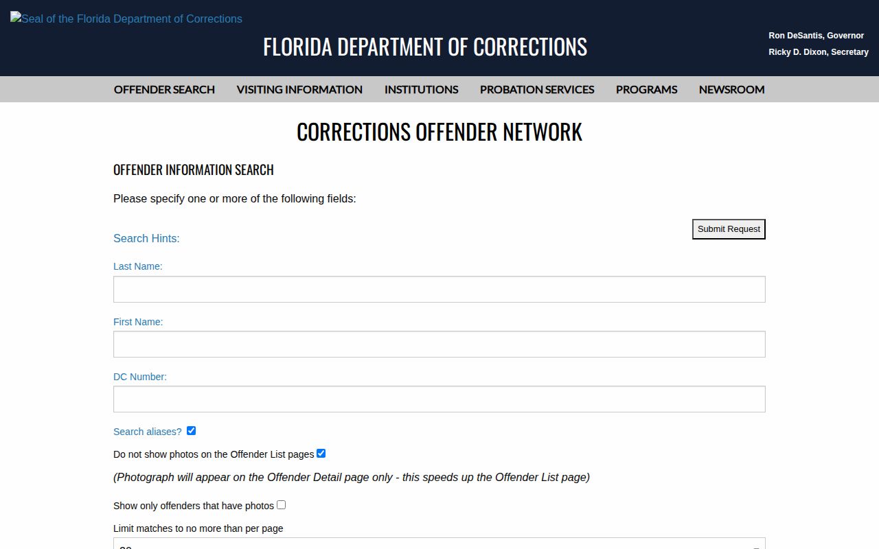 Florida Department of Corrections offender photo search for Bradford County records