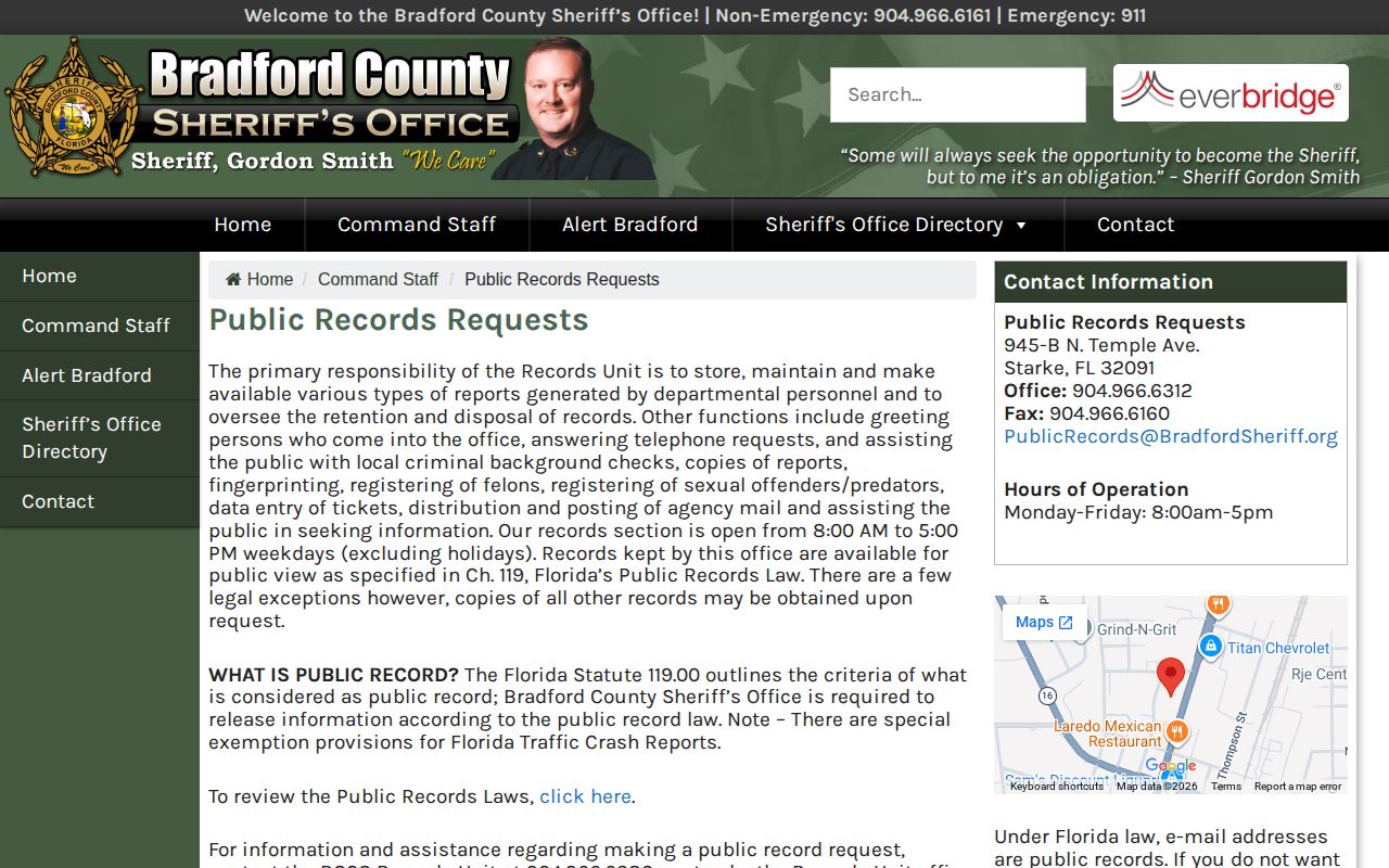 Bradford County booking record request fees and records access page