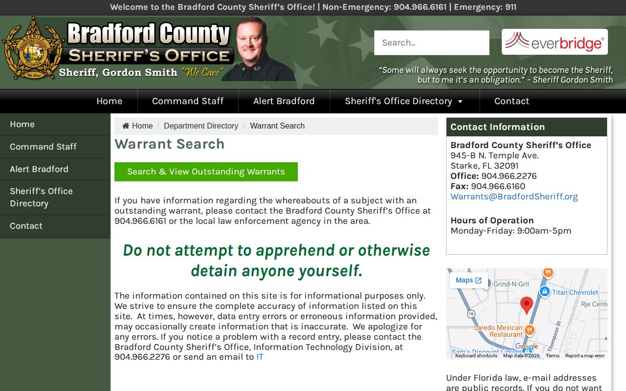 Bradford County official name warrant search interface