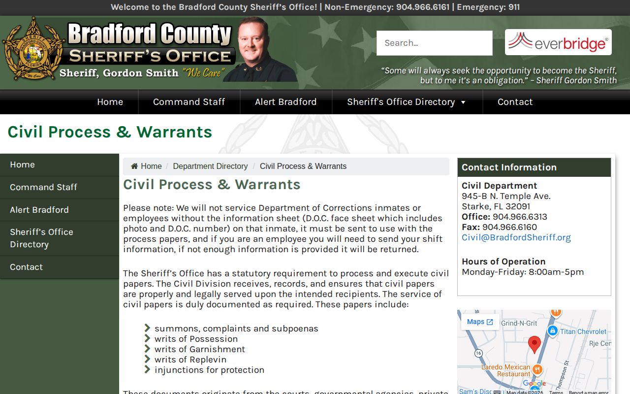 Bradford County warrant unit contact and confirmation page