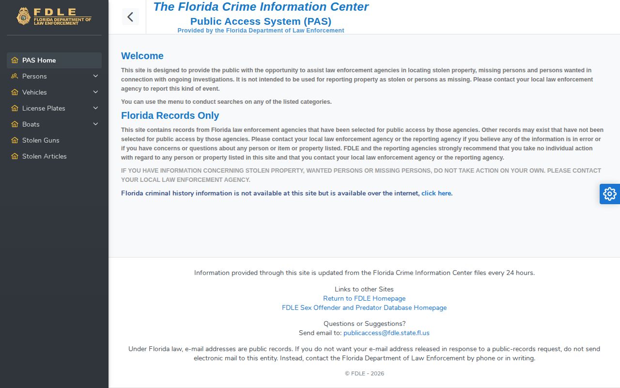 Florida FDLE official wanted person search for Bradford County warrant checks